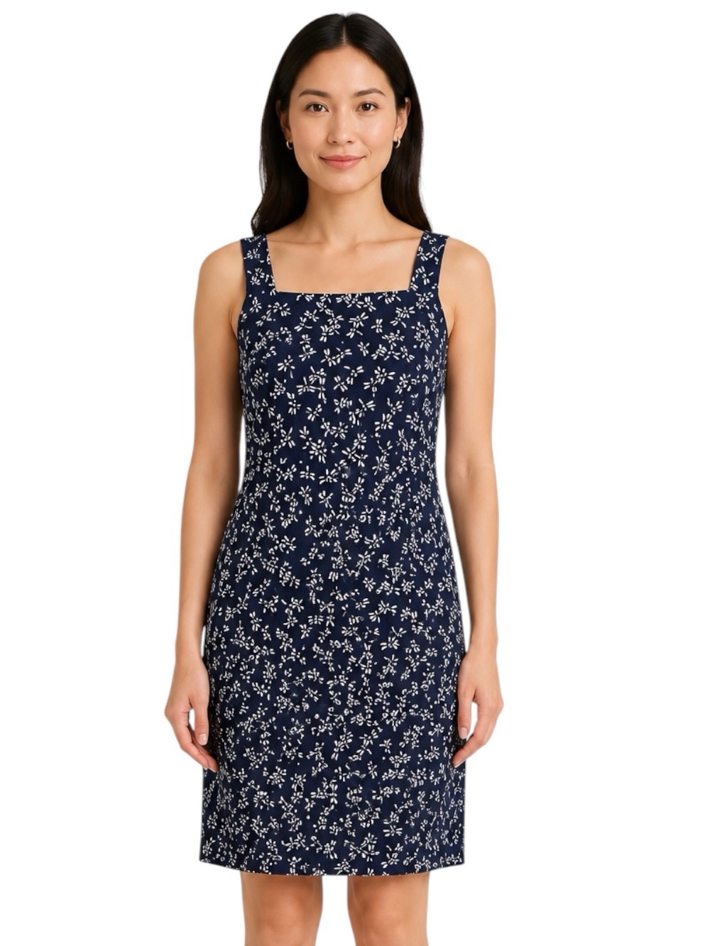Vintage 2000s Elisa Sleeveless Dress with Navy and White Floral Print Size Large
